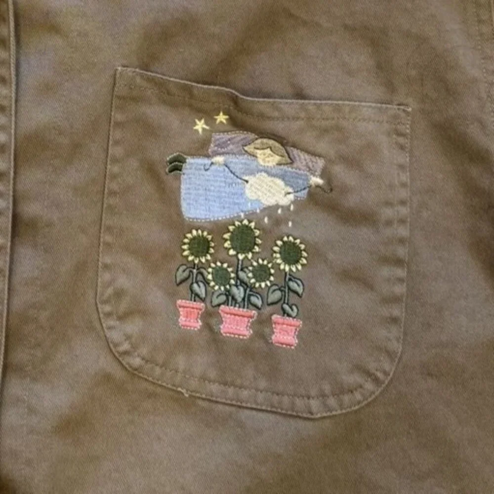 Christopher & Banks Womens Embroidered Chore Jacket Angels Cat Gardening L 90s - Picture 9 of 10